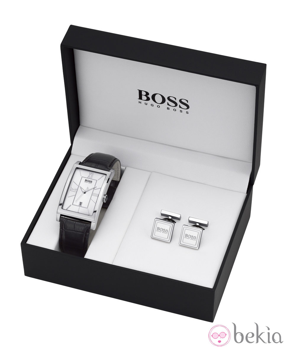 Reloj de caballero con correa de piel y gemelos de Boss Watches